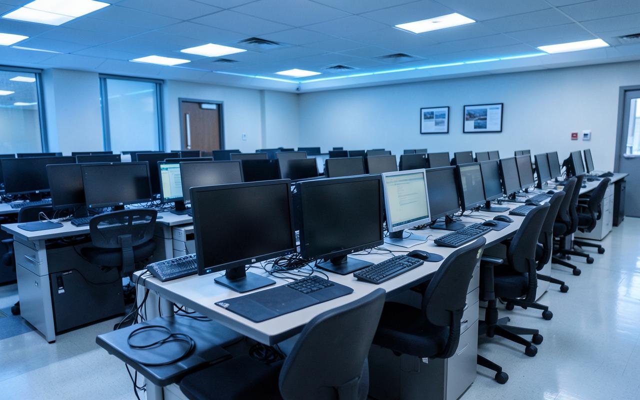 Computer lab with rows of modern desktop workstations