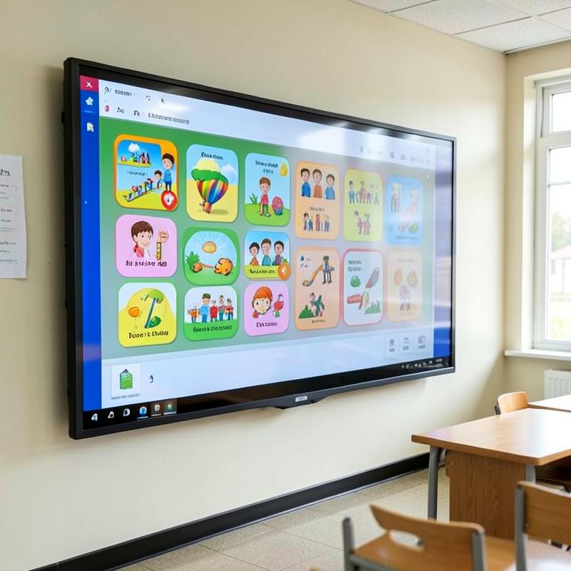Wall-mounted interactive smart board showing educational content